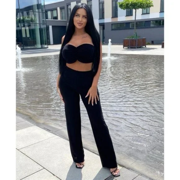 Black Ruched Strapless Crop Top and High Waist Wide Leg Pants Two Piece Set - Picture 2 of 8